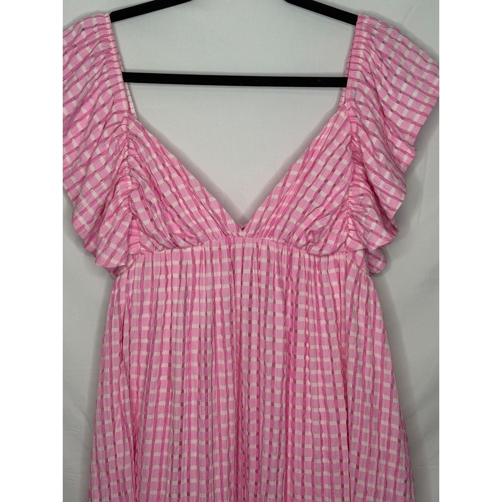 Day + Moon Pink Gingham Seersucker Mini Dress Pockets Open Back Bow L Large - Picture 3 of 12